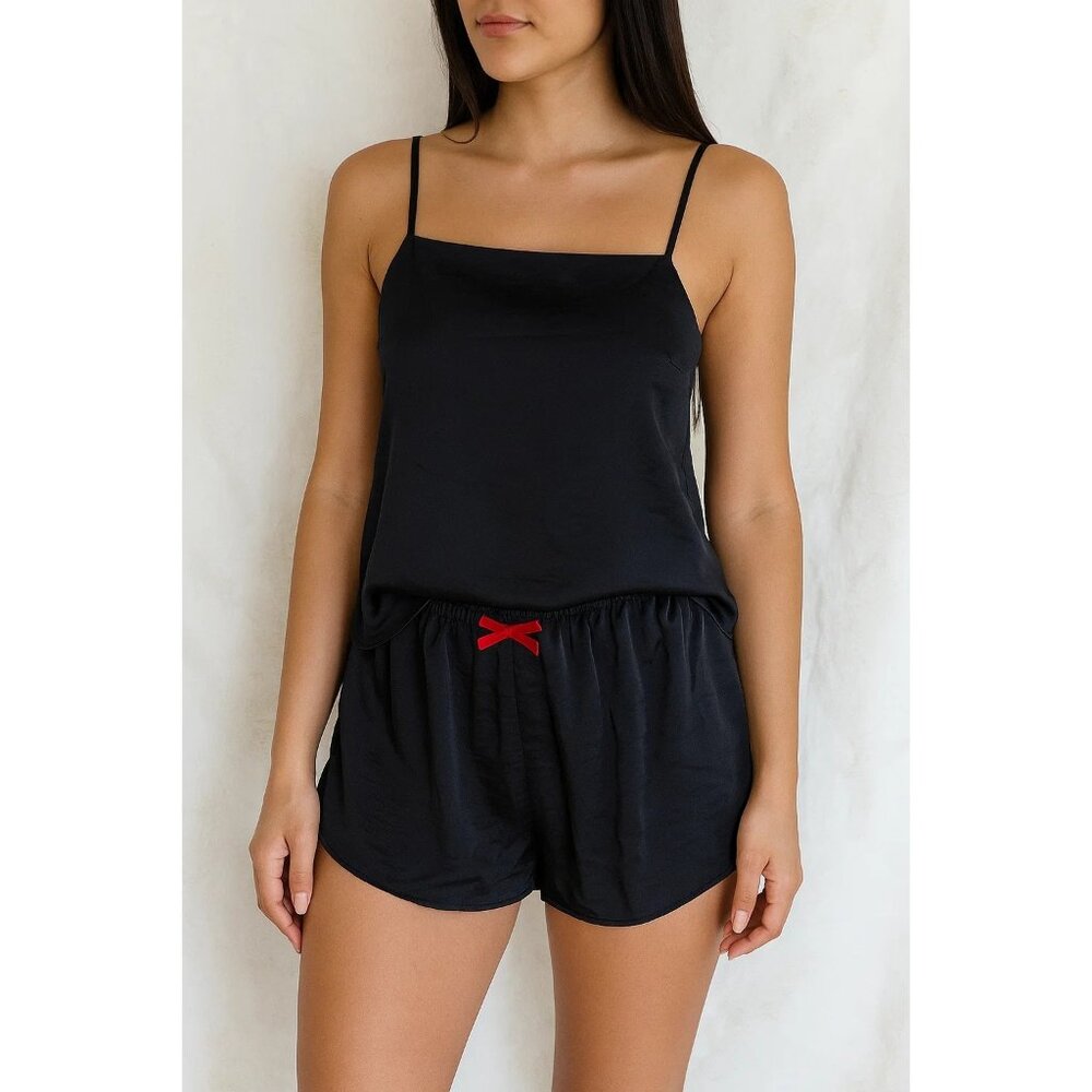 Auden Black Satin 2-Piece Strappy Tank Top and shorts Sleepwear Set pajamas XS